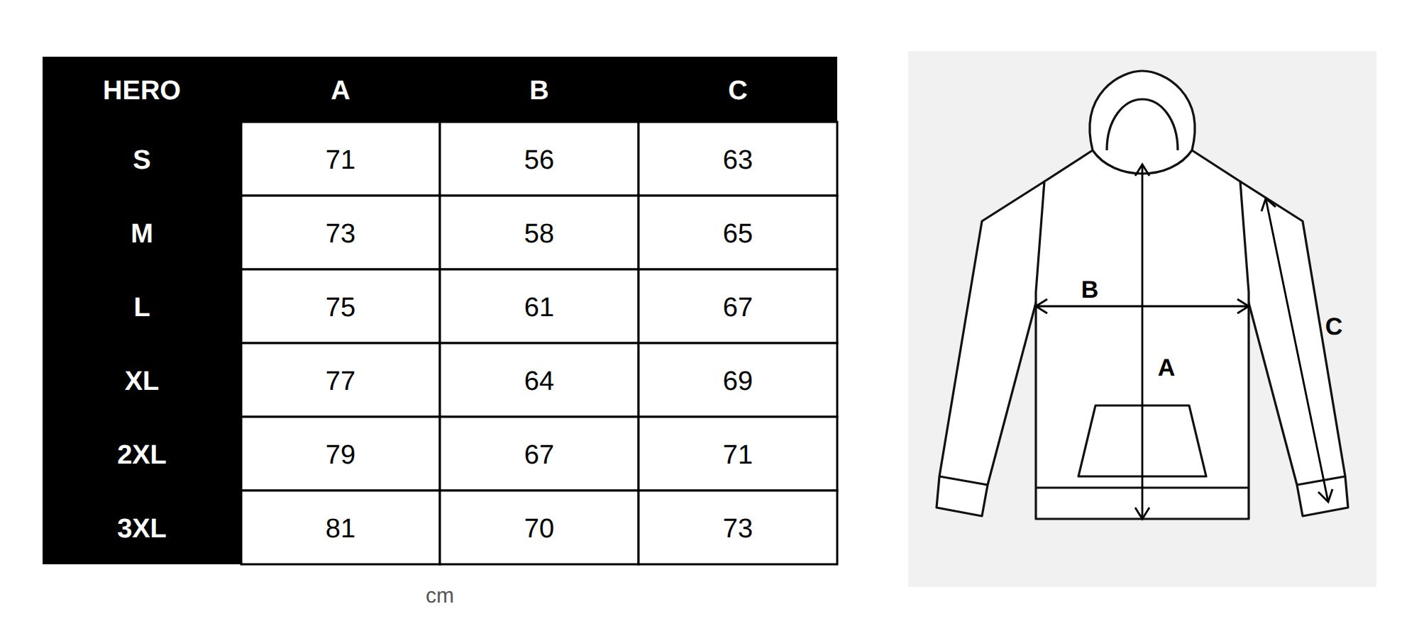 HERO Comfy Hoodie size chart S-3XL